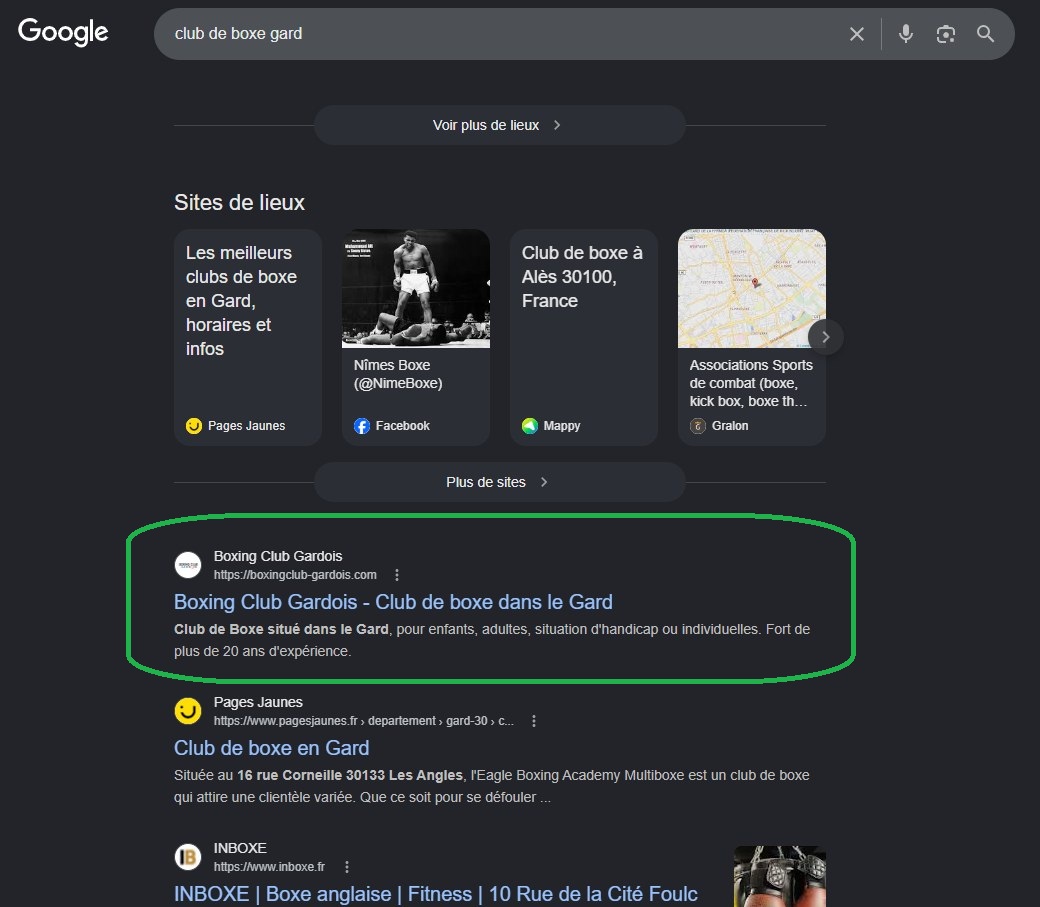 Résultat Google Boxing Club Gardois en première position