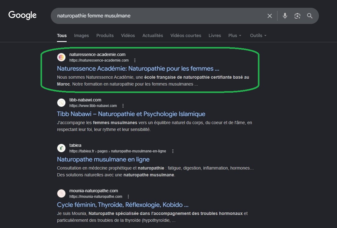 Résultat Google Naturessence Académie en première position